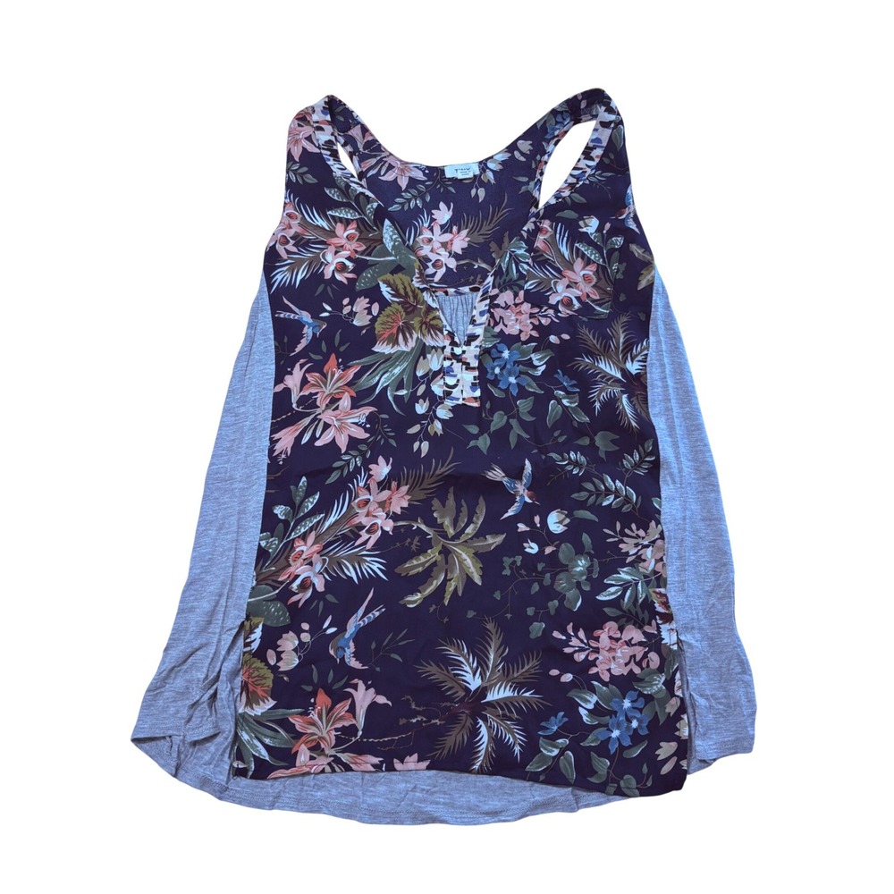 TINY Anthropologie Floral Mixed Media Racerback Tank Top Navy Gray XS 0222